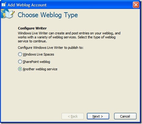 WLW Choose Weblog Type